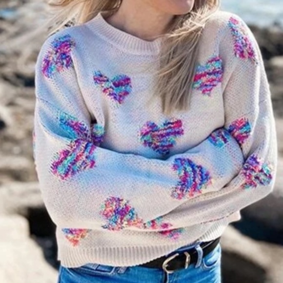 06 Cream Hearts Print Oversized Knit Sweater Top - Picture 2 of 7